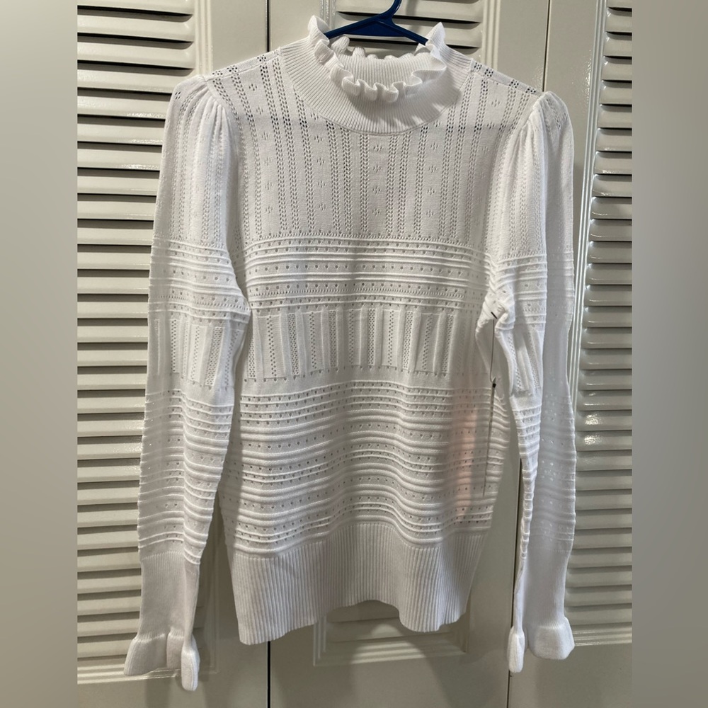 ALMOST FAMOUS LIGHTWEIGHT POINTELLE SWEATER WITH RUFFLE NECK AND CUFFS